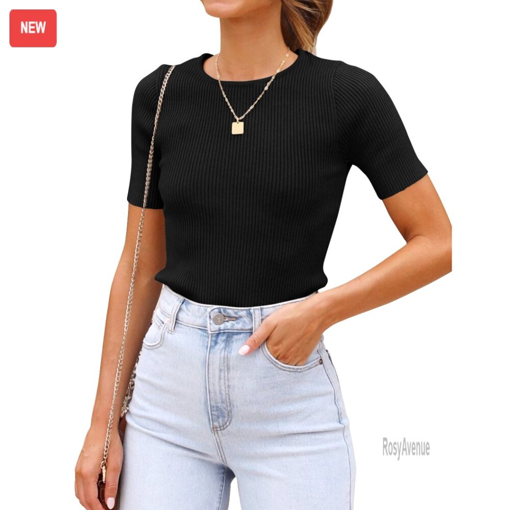 Slim Fit Ribbed Knit Short Sleeve Crewneck Tee Lightweight Summer Top